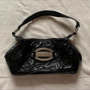 Y2K XOXO Black Shiny Faux Leather Embossed Mini Bag with Silver Hardware
